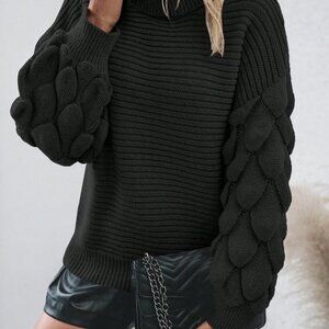 Black Casual Women's Turtleneck Drop Shoulder Sweater